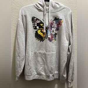 Wound Up Gray Hoodie with Butterfly and Floral Accents